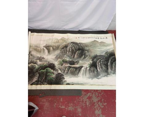 A Large Chinese landscape watercolour scroll. Measures 106x210cm 