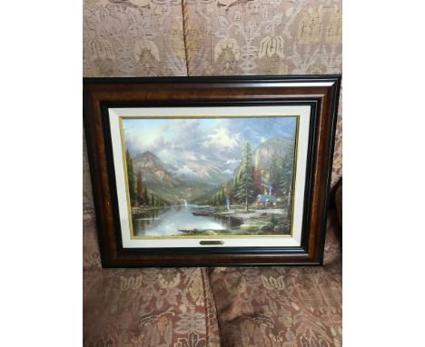 After Thomas Kinkade A Limited edition canvas print released in 2002. Titled "Mountain Majestic" Comes with Certificate of Au