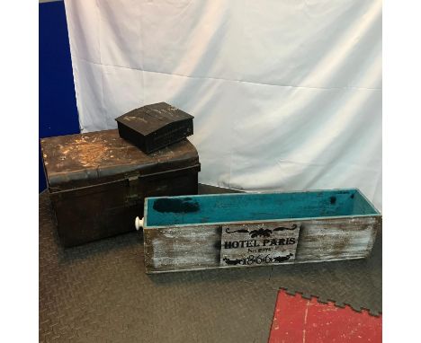 A Vintage metal travel trunk, Vintage Shoe cleaning box and a vintage wooden storage box [Up-cycled] 