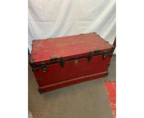 A 19th century solid pine painted trunk. Detailed with metal bounds and locks. Studded to the top 'Shore House' [47x90x48cm] 