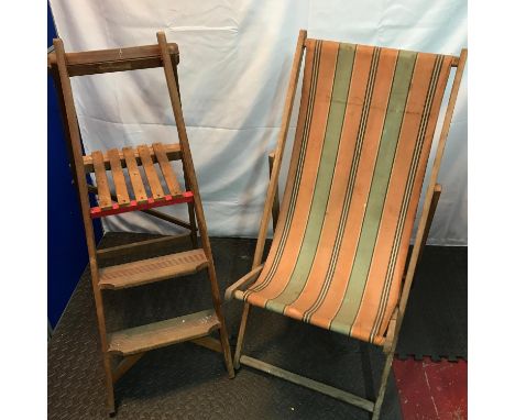 A Vintage wooden step ladder together with a vintage wood and material deck chair. 