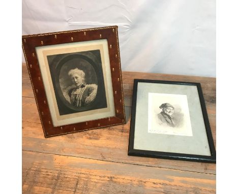 Antique Brown leather photo frame detailed with gilt impressed thistles and trims. Showing old photo a lady signed by the art