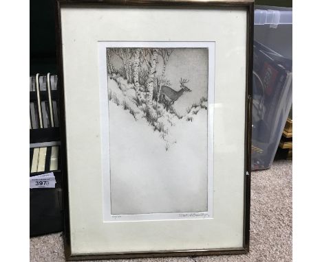 Antique limited edition etching print of a deer coming out of a woodland area. Signed Dale C Bradley 33/50. [Frame 39x29cm] 