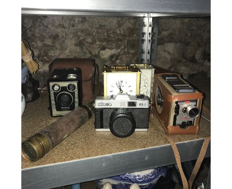 A Lot of vintage cameras, carriage clocks [battery] and three draw pull scope [no signatures] 