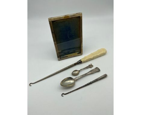 A Lot of silver hallmarked items to include Chester silver photo frame [15.5x10cm], 800 grade condiment spoon, London Georgia