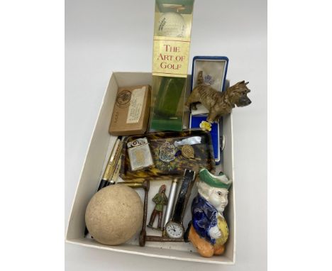 A Box of collectable odds which includes Medal box [certificate and ribbon only] Coronation lighter, Clock key winder, two no