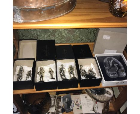 A Lot of Royal Hampshire Art Foundry silver plated figures together with a Goebel art glass etched paper weight with box. 