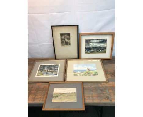 A Lot of 5 various artworks to include Antique Etching titled 'Maiden Meditation' by Norval Sharp and dated 1934, Watercolour