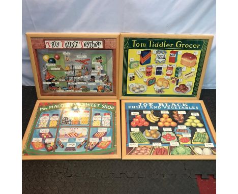 A Lot of four vintage class room posters framed. Which includes Tilly Tally's Toyshop, Mrs Macqueens sweet shop, Tom Tiddler,
