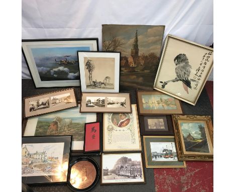 A Collection of vintage prints to include oil painting on board depicting village tower scene. 