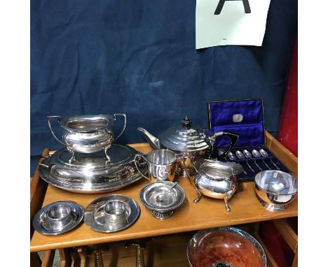 A Collection of silver plated and E.P wares to include art deco design E.P Three piece tea service. 