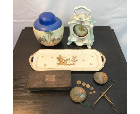 A Lot of collectable odds to include porcelain mantel clock, Britannia Pottery- Omar Khayyam - The Camel Train Temple jar, Be