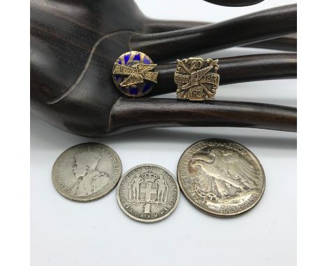 Two Birmingham silver 'Good Year Tyres' badges [One with blue enamel] Together with a 1945 silver half Dollar and two other c