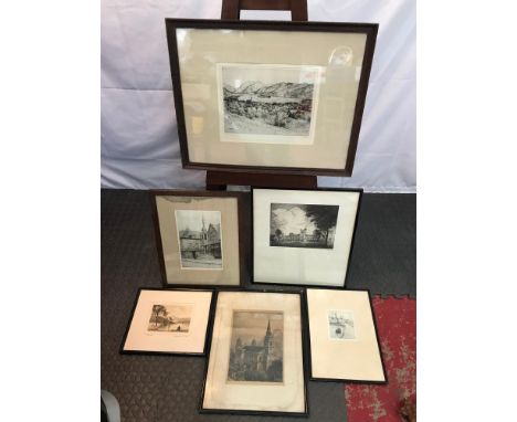 A Lot of antique etchings to include artists Paul Geissler, Dorothy F Sweet etching titled 'The Butter Cross- Winchester', Ol