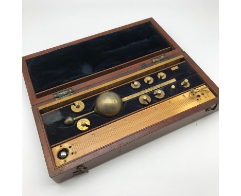 Antique Sikess Hydrometer Loftus London set fitted within a mahogany case. Comes with a Loftus London boxwood extending ruler