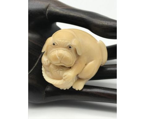 A Japanese hand carved tagua nut netsuke figure of a dog and basket. No signature. 
