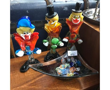 A Lot of three vintage Murano glass clown figures, Art Glass Bowl and Various Art Glass sweets. 
