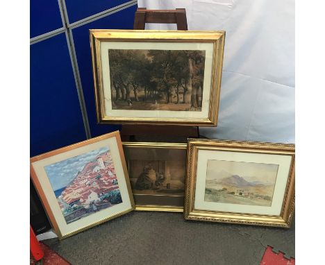 A Lot of four various antique and vintage prints and watercolours. Watercolour depicts a mountain scene with farm cottage at 