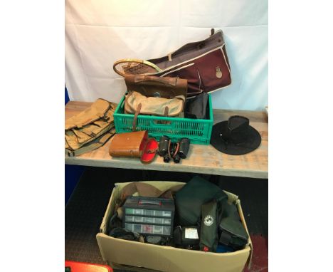 Two boxes filled with fishing equipment and sports gear to include vintage tennis racket and bag, Marine Pool life jacket, Fi