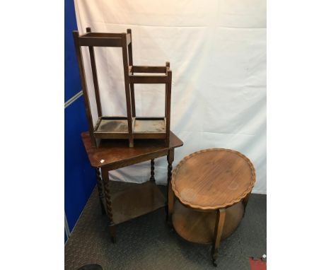 A Vintage two section umbrella/ stick stand, barley twist leg window table and pie crust two tier trolley table. 