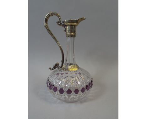 A Pretty Silver Plate Mounted Glass Claret Jug with Overlaid Amethyst Band of Hexagonal Panels to Body. Etched Decoration to 