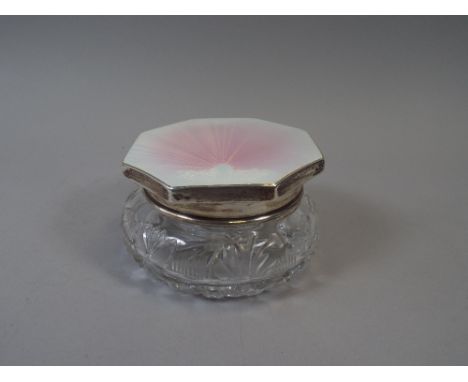 A Pertty Art Deco Silver and Pink Enamel Octagonal Topped Cut Glass Powder Box, B'ham 1937. 11cm Diameter. 