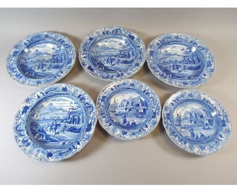 A Collection of Four Large and Two Small Spode Blue and White Bowls, Caramanian Series, Necropolis or Cemetry at Cacoma. 