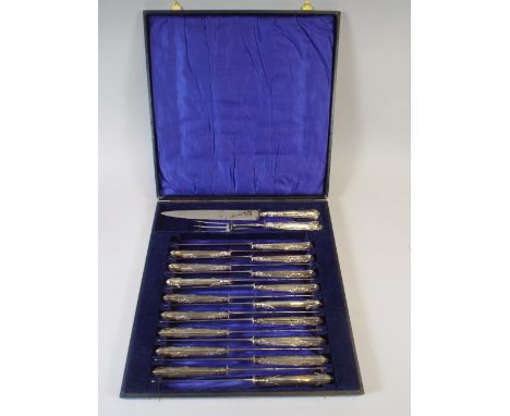 A Cased Set of 17 Silver Handled Knives, Silver Handled Carving Knife and SIlver Handled Carving Fork (Not Matching) Silver H