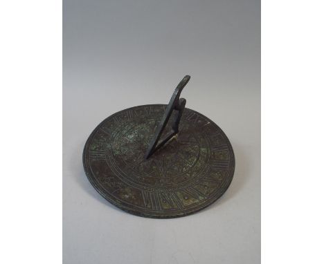 A 19th/20th Century Green Patinated Metal Sundial Dated 1687. 15cm Diameter. 