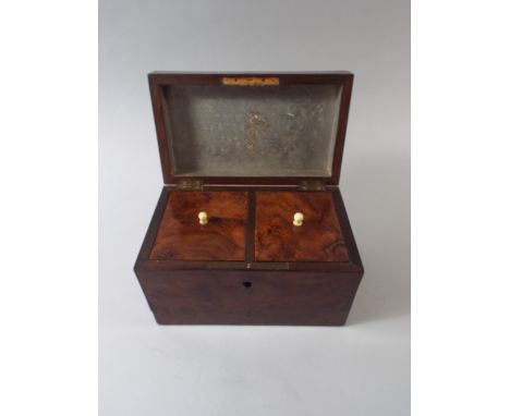 A Mid 19th Century Burr Wood Two Division Tea Caddy with Lozenge Inlay to Top. 19x11.5x12cm High