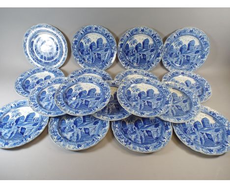 A Set of 17 Early 19th Century Spode Blue and White Dinner Plates from the Caramanian Series, Sarcohphagi and Sepulchres, Cir