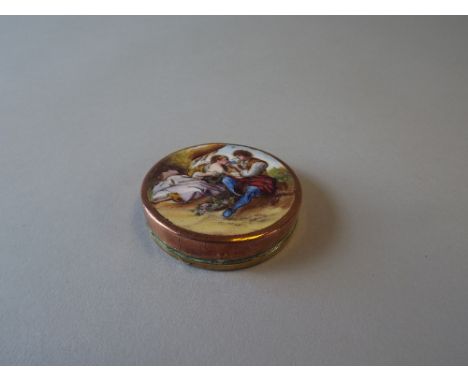 A 19th Century Circular Enamelled Continental Powder Compact. The Hinged Lid Decorated with Lovers in Rural Setting. 5cm Diam