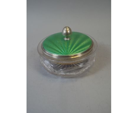 A Cut Glass Powder Pot with Silver and Green Enamel Lid by Walker and Hall. 11cm Diameter. B'ham 1932