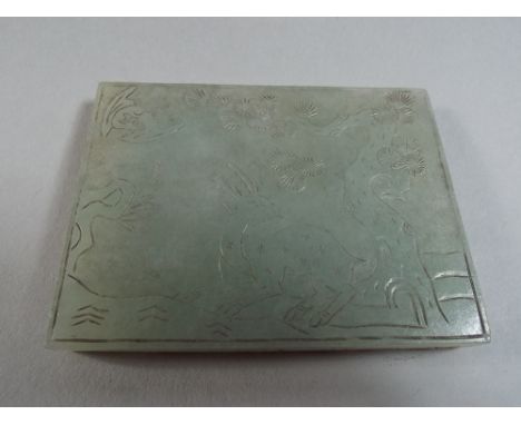 An Early Oriental Carved Rectangular Jade Panel Depicting Stag Beside Tree with Flying Bat. 7x5.5cm 