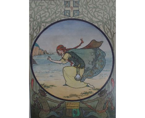 A Framed Watercolour, Possibly a Design for Stained Glass Panel Depicting Kneeling Maiden on Beach Listening to Sea Shell. Si