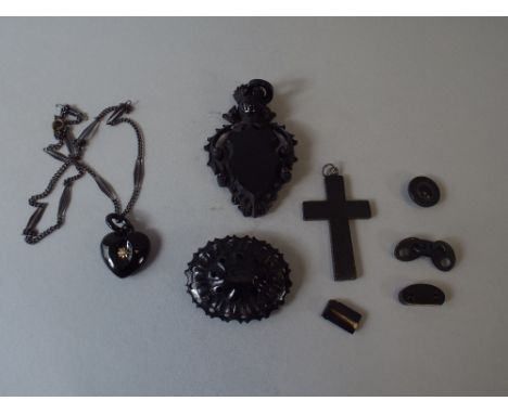 A Collection of Victorian Vulcanite and Jet to Include Heart Pendant with Yellow Mount and Seed Pearl, Shield Shaped Photo Lo