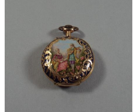 A Pretty 14K Gold and Enamel Ladies Watch. The Inner Backplate Stamped Mignon, Swiss, 211302. Decorated with Seated Maiden an