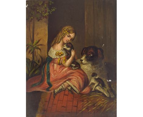A Mid 19th Century English School Oil on Metal Panel Depicting Girl Holding Puppy. 11x9cm