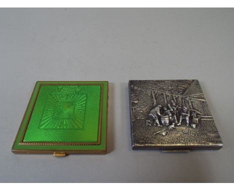 A Nicely Enamelled Gilt Powder Compact, Rex Together with a White Metal Example by Spritser and Fuhrmann, with Relief Decorat