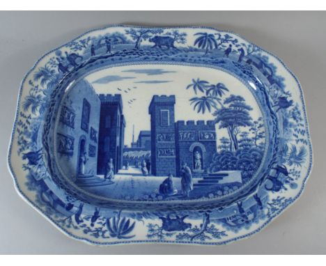 A Good Early 19th Century Spode Blue and White Meat Plate from the Caramanian Series Depicting Castle of Boudron, Circa 1815 