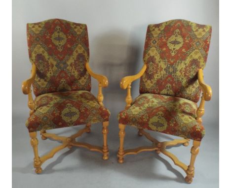 A Pair of 20th Century Tapestry Upholstered Open Armchairs with X Stretchers.
