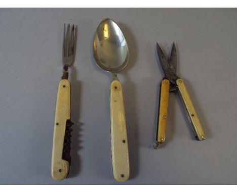 A Collection of Bone Handled Folding Implements to Include Fork/Corkscrew, Spoon, Scissors and Manicure Set.