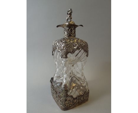 A Late 19th Century Wrythen Glass and Silver Scrooge Decanter with Repousse and Pierced Silver Decoration to Collar, Shoulder