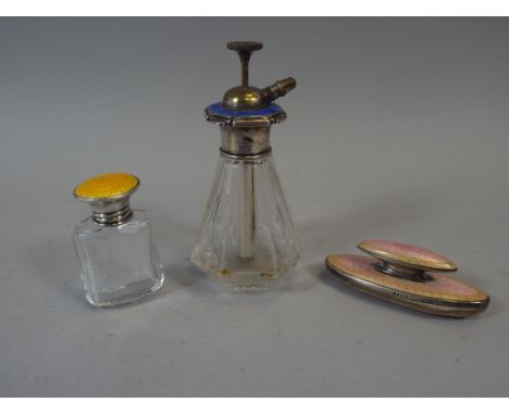 A Collection of Three Coloured Enamel Items to Include Plated Atomiser, Silver Nail Buffer and Silver Topped Pot. 