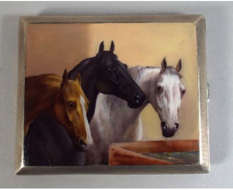 A Good Silver Plated Cigarette Case. The Front Decorated in Enamel with Three Horses at Water Trough. 9.5x8cm