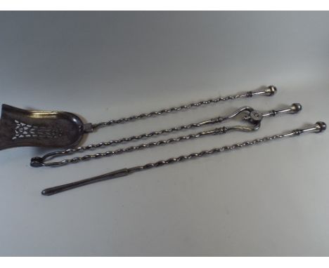 A Set of Three George III Burnished Steel Fire Irons with Hobnail Finial Faceted Handles and Barley Sugar Twist Shafts. 76cm 