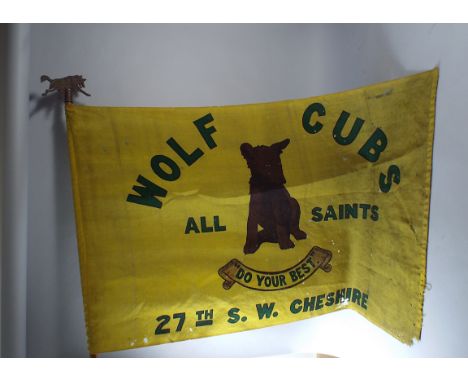 A Vintage Wolf Cubs Flag on Two Piece Staff with Wolf Finial. 27th SW Cheshire