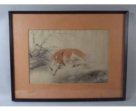 A Framed Oriental Watercolour on Silk Panel of a Fox. Signed Top Left. 38x26cm