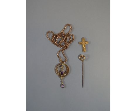 A 9ct Circular Brooch with Amethyst and Pearl Mounts on Rose Gold Chain. 9.2g. Together with 9ct Gold Crucifix and 9ct Gold P