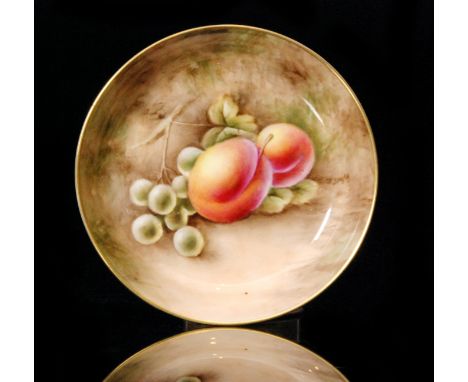 A Royal Worcester Fallen Fruits pin dish coaster decorated by J. Smith with hand painted peaches and white grapes, signed, bl